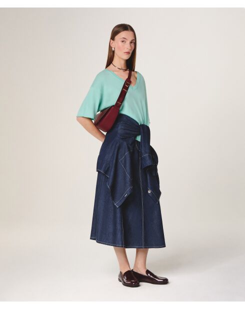 Mei watergroene wollen trui met korte mouwen en V-hals