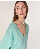 Mei wassergrüner Kurzarm-Pullover aus Wolle mit V-Ausschnitt