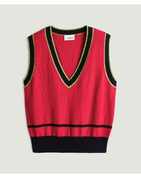 Pull sans manches encolure en rib raye en coton Zola rouge