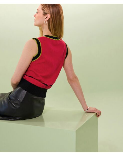 Pull sans manches encolure en rib raye en coton Zola rouge