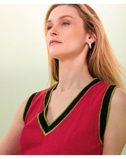 Pull sans manches encolure en rib raye en coton Zola rouge