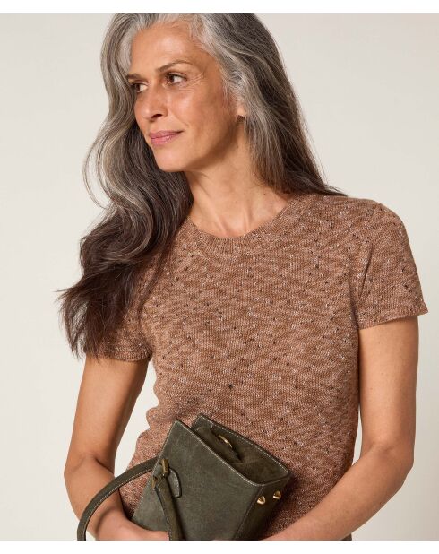 Hasna, gerippter Kurzarm-Pullover aus taupefarbenem China