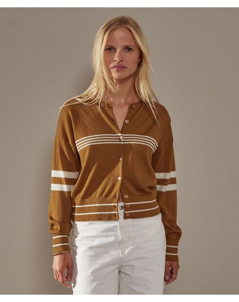 Gestreifter Cardigan Maia aus senfgelber Wolle