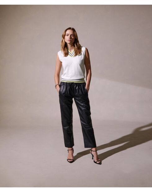 T-Shirt sans manches col V constraste en coton Souad blanc