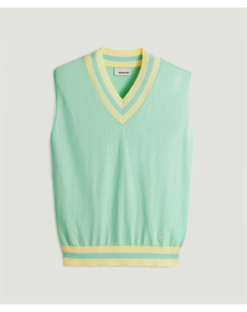 Souad blaues ärmelloses Baumwoll-T-Shirt mit kontrastierendem V-Ausschnitt