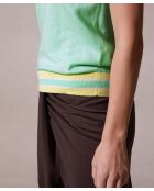 Souad blaues ärmelloses Baumwoll-T-Shirt mit kontrastierendem V-Ausschnitt