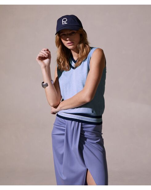 Himmelblaues, ärmelloses T-Shirt Souad aus Baumwolle mit V-Ausschnitt