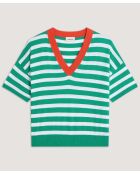 T-Shirt Col V Raye en coton Nawal vert emeraude