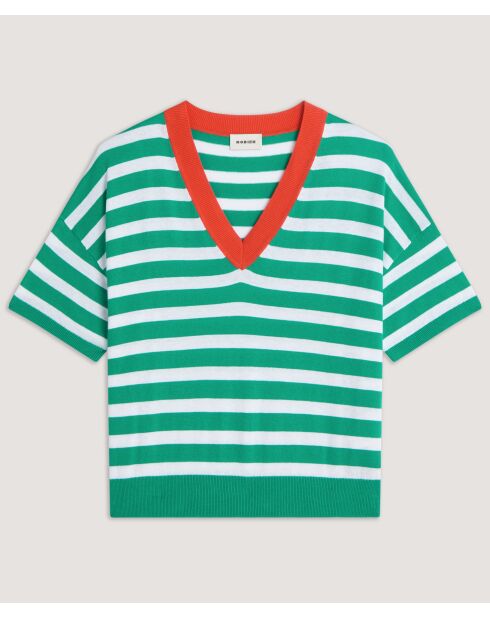 T-Shirt Col V Raye en coton Nawal vert emeraude