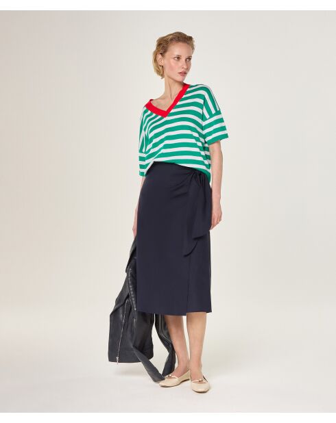 T-Shirt Col V Raye en coton Nawal vert emeraude