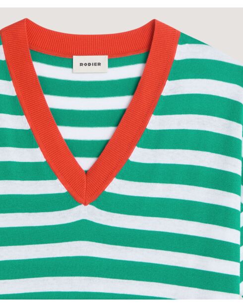 T-Shirt Col V Raye en coton Nawal vert emeraude