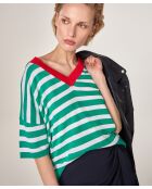 T-Shirt Col V Raye en coton Nawal vert emeraude