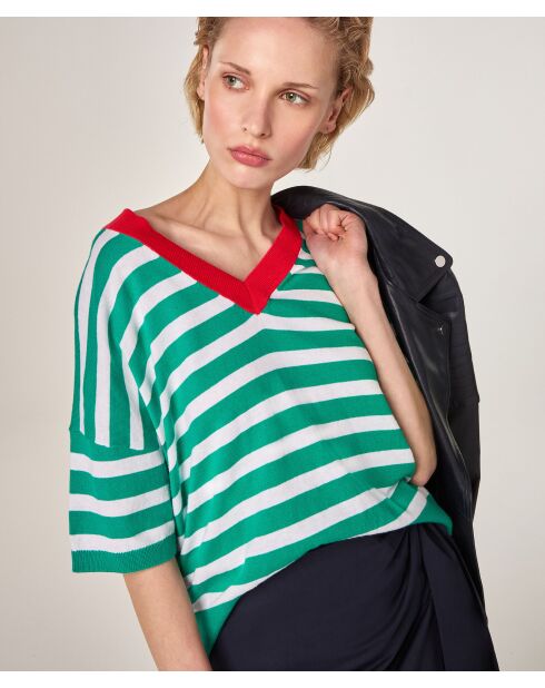 T-Shirt Col V Raye en coton Nawal vert emeraude