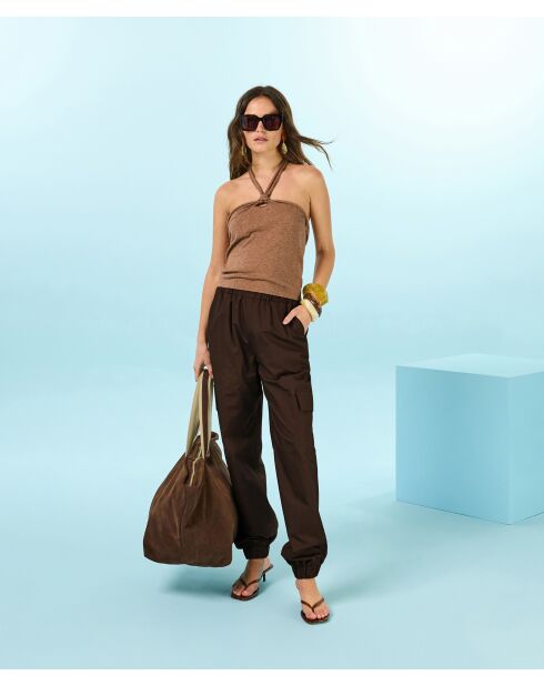 Mokkabruine Kawtar katoenen mouwloze geknoopte top