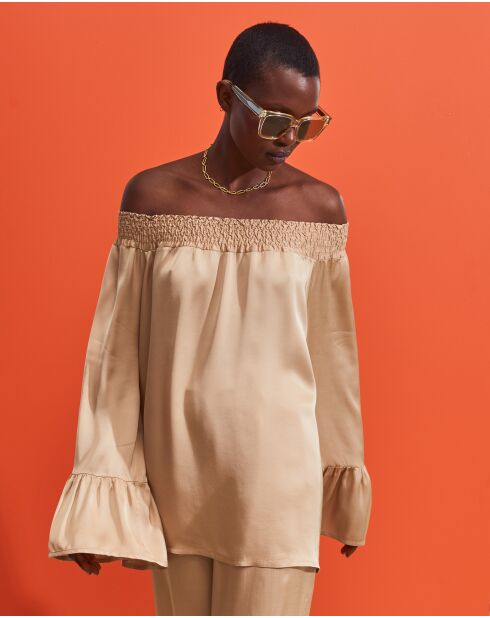 Leïla beiges Top mit U-Boot-Ausschnitt