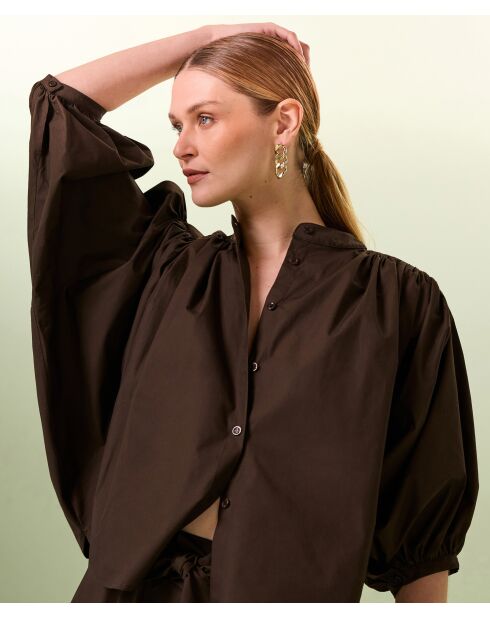 Camicia ampia in cotone Zuri marrone scuro