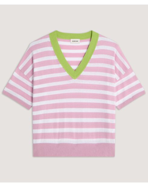 T-Shirt Col V Raye en coton Nawal bois de rose