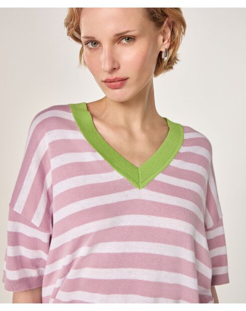 T-Shirt Col V Raye en coton Nawal bois de rose