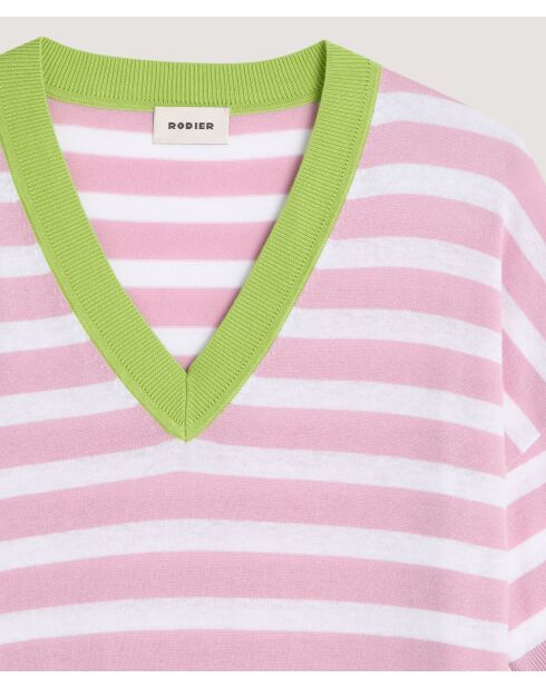 T-Shirt Col V Raye en coton Nawal bois de rose