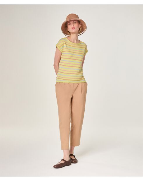 Dasy hellgrünes gestreiftes Kurzarm-T-Shirt aus Baumwolle