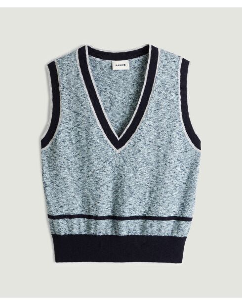 Zola blauer ärmelloser Baumwollpullover mit gestreiftem Ripphalsausschnitt