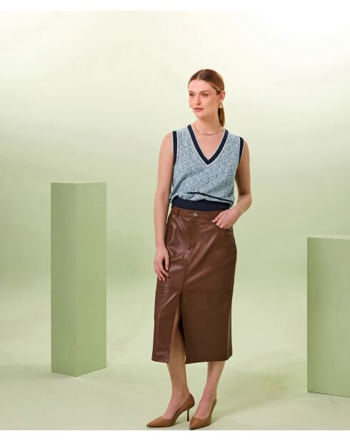 Zola blauer ärmelloser Baumwollpullover mit gestreiftem Ripphalsausschnitt