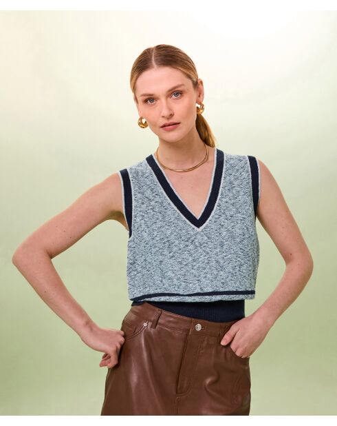 Zola blauer ärmelloser Baumwollpullover mit gestreiftem Ripphalsausschnitt