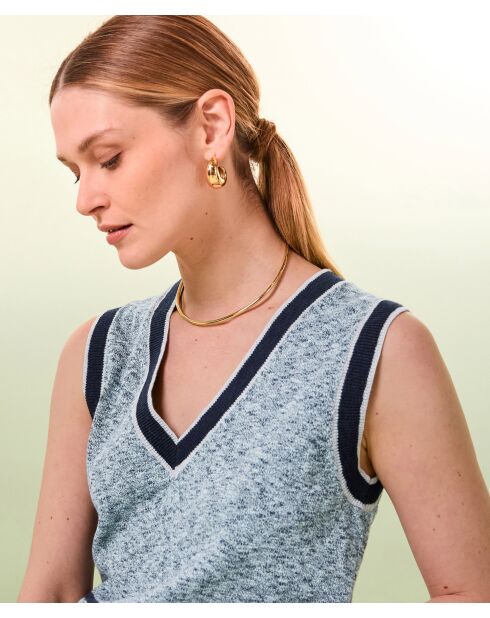 Zola blauer ärmelloser Baumwollpullover mit gestreiftem Ripphalsausschnitt