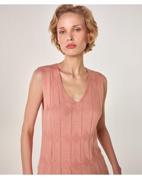 Roze beige Mouna katoenen fantasiegebreide tuniek met V-hals