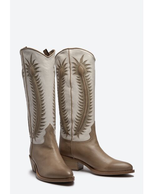 Bottes western en cuir taupe/écru