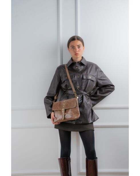 Otis taupe leren schoudertas - 23 x 25 x 4 cm