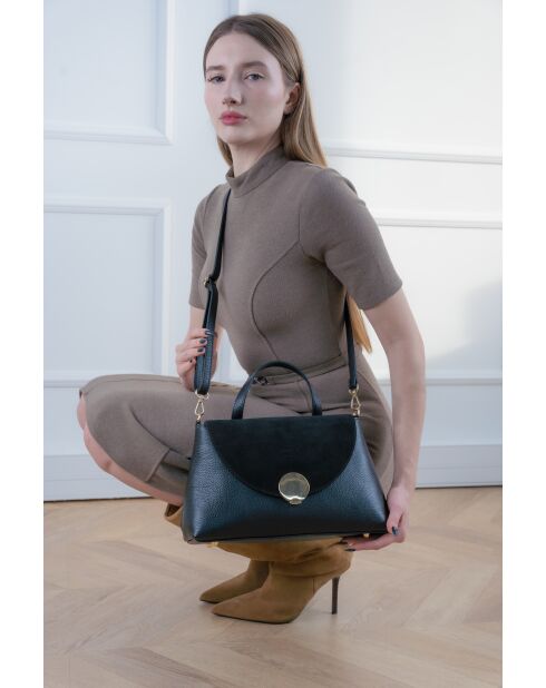 Row zwarte leren schoudertas - 28 x 20 x 10 cm