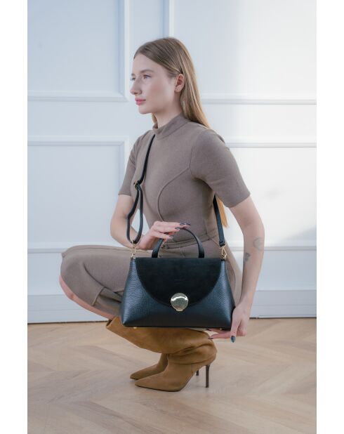 Row zwarte leren schoudertas - 28 x 20 x 10 cm