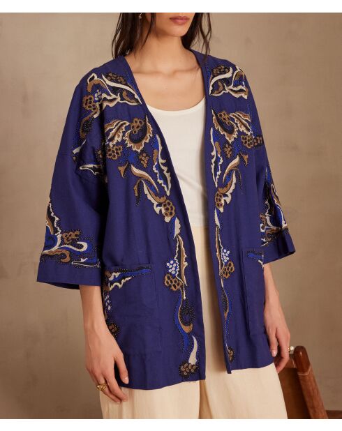 Geborduurde koningsblauwe jas Nouria B