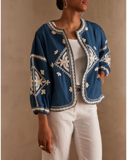 Cynthia B geborduurde petrolblauwe jas