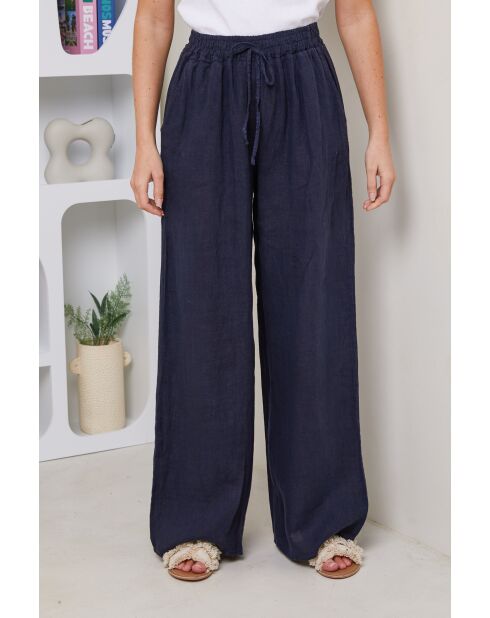 Marineblauwe broek van 100% linnen Tessia