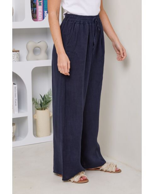 Marineblauwe broek van 100% linnen Tessia