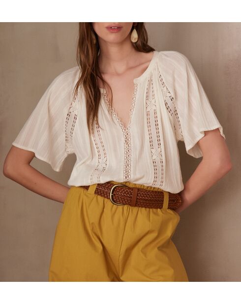 Prunelle Bl Ecrufarbene Bluse mit Stickerei