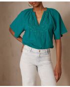 Bl Poker Bol Bluse mit Petrolstickerei