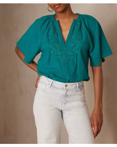 Bl Poker Bol Bluse mit Petrolstickerei