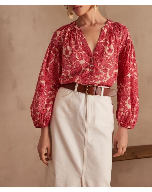 Plum Bl Blouse met koraalkleurige arabeske print
