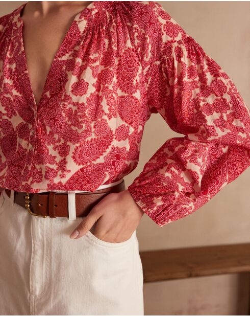 Plum Bl Blouse met koraalkleurige arabeske print