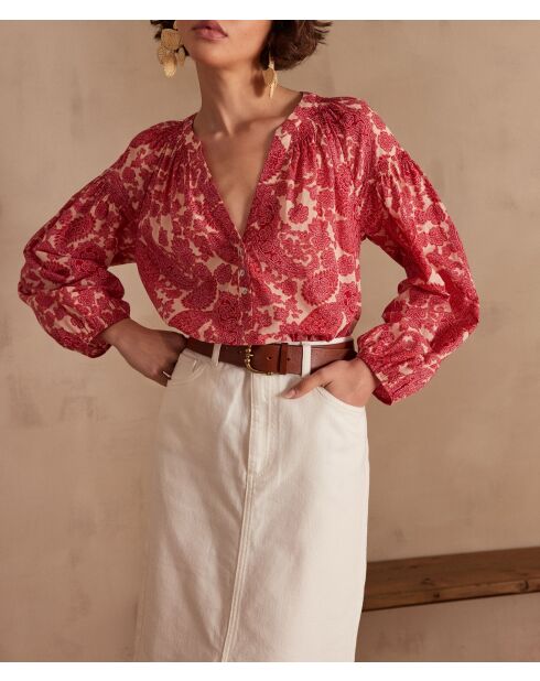 Plum Bl Blouse met koraalkleurige arabeske print