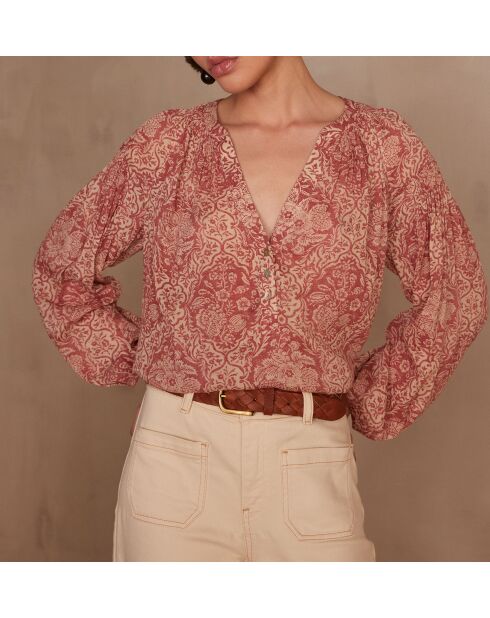 Prune Bl blouse met rode Arabesq print