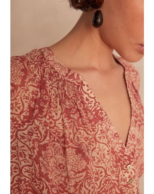 Prune Bl blouse met rode Arabesq print