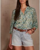 Bl Imp donkerbruine blouse met turkooisblauwe bloemen
