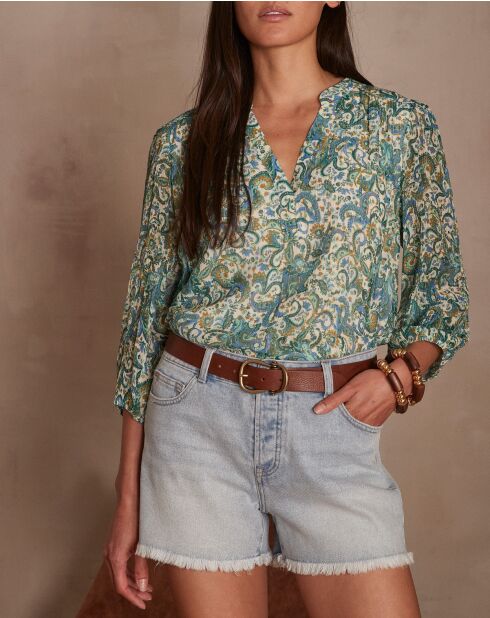 Bl Imp donkerbruine blouse met turkooisblauwe bloemen