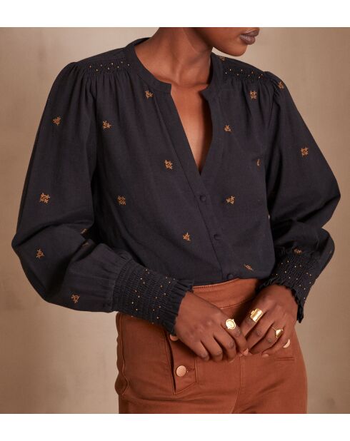 Baptiste Bl Marineblaue bestickte Bluse