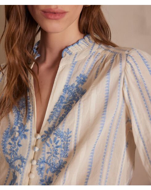 Perrine Bl blouse met licht smaragdgroen borduursel