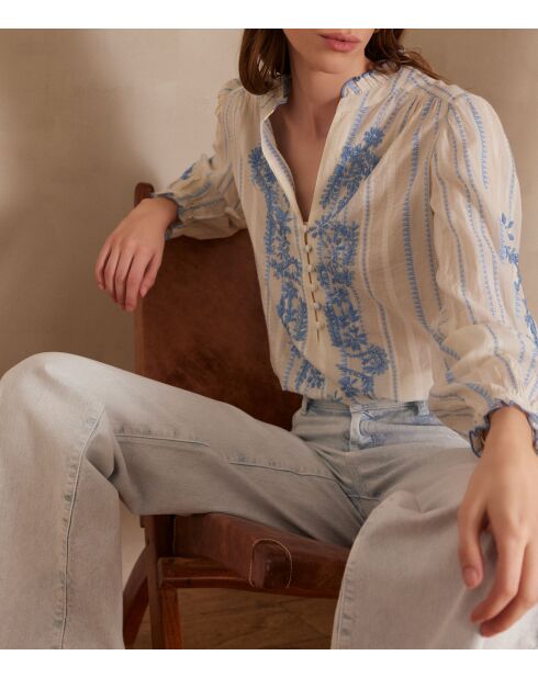 Perrine Bl blouse met licht smaragdgroen borduursel